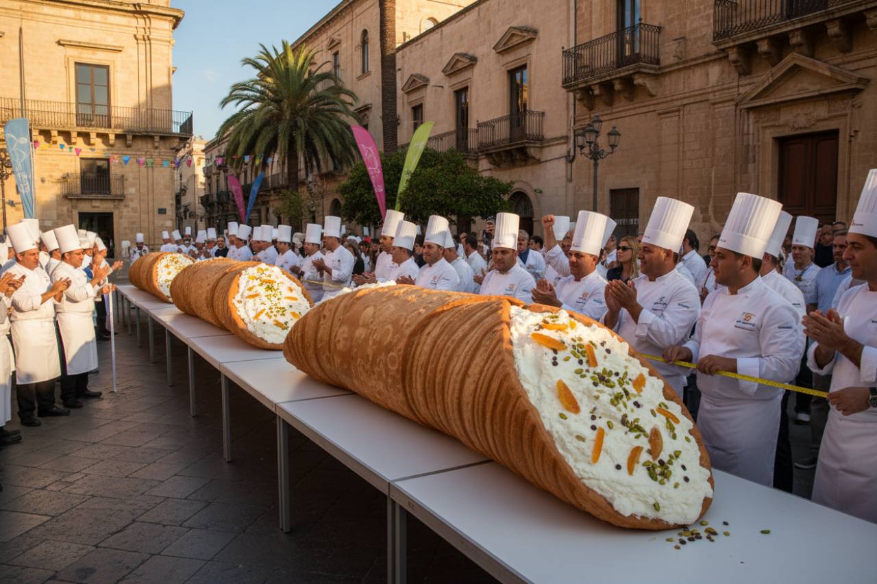 Questo è il cannolo siciliano più grande della storia: ha vinto il Guinnes World Record battendo ogni record | Tutti i cittadini ne hanno mangiato un pezzettino